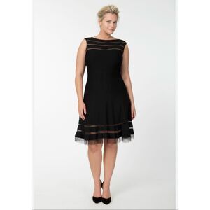 Tadashi Shoji Black Pleated Mesh Illusion Fit & Flare Dress 2X Cutout